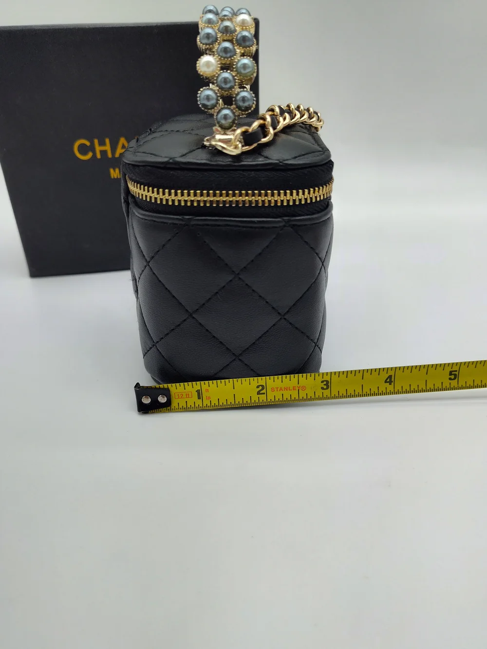CHANEL MAKEUP Promo Black Quilted Vanity Case Pearl Handle Chain Crossbody NIB